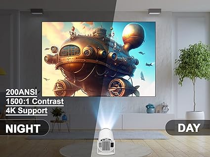 Smart Mini Projector Hy300 4K/200 ANSI with WiFi 6, BT 5.0, 130 Inch, 180 Degree Flip, Built-in Android 11.0 OS