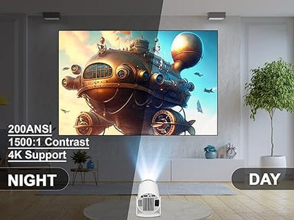 Smart Mini Projector Hy300 4K/200 ANSI with WiFi 6, BT 5.0, 130 Inch, 180 Degree Flip, Built-in Android 11.0 OS