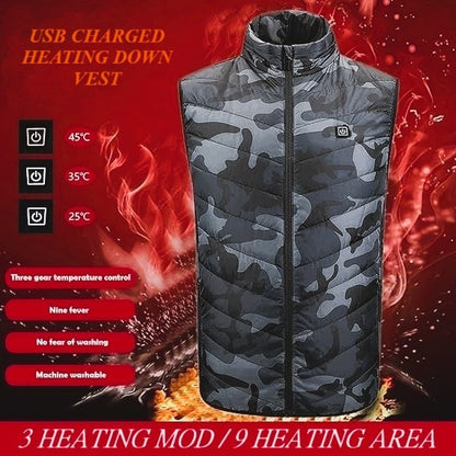 USB Charged Heated Camouflage Sleeveless Down Jacket/3 Adjustable Mods/9 Heated spots